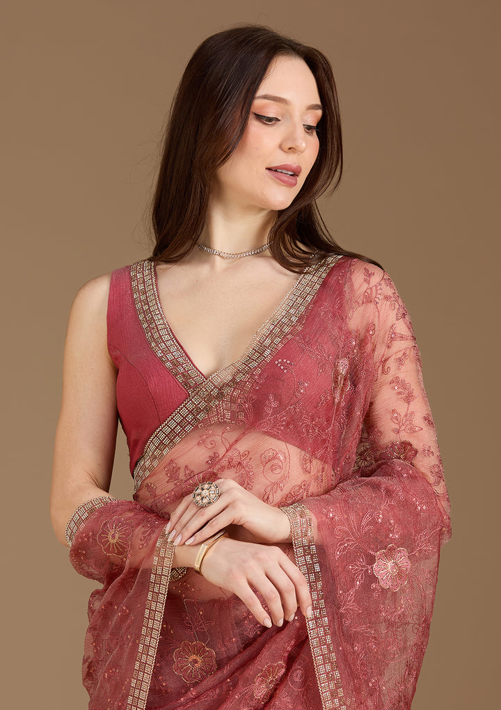 Rust Tissue Threadwork Saree With Matching Blouse Piece