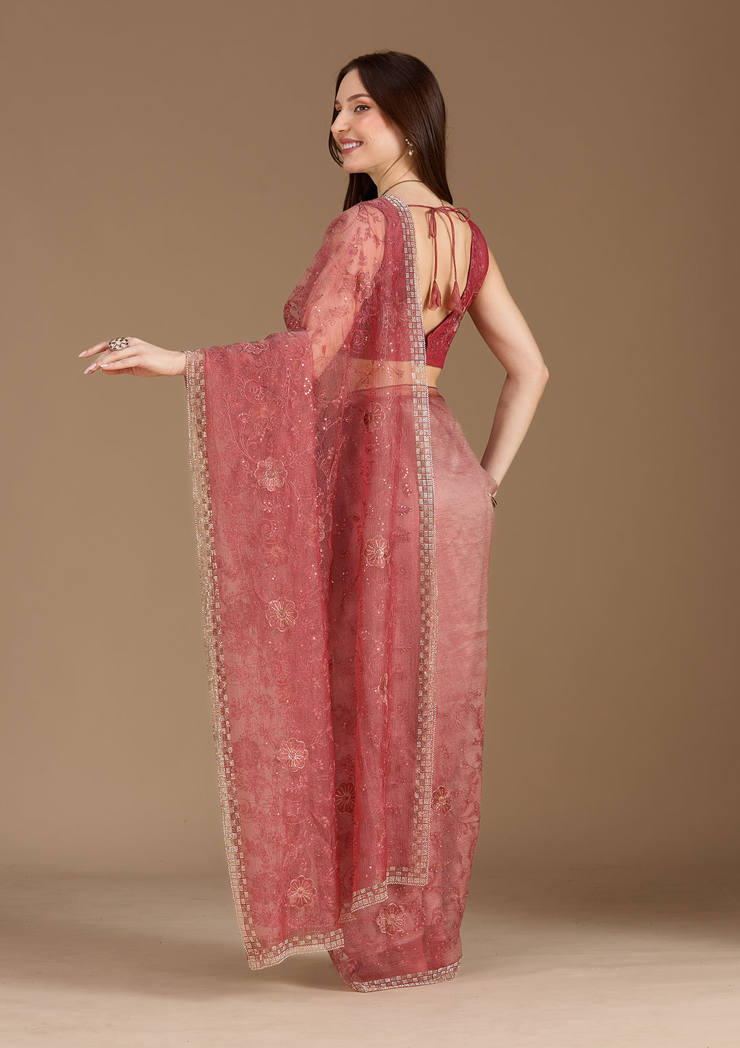 Rust Tissue Threadwork Saree With Matching Blouse Piece