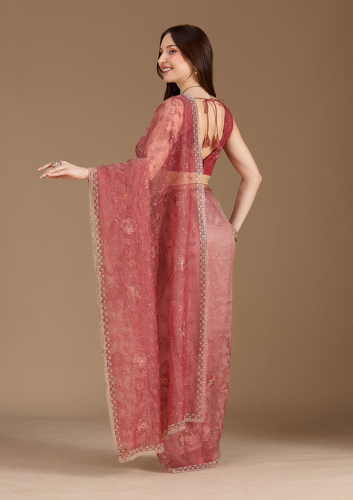 Rust Tissue Threadwork Saree With Matching Blouse Piece