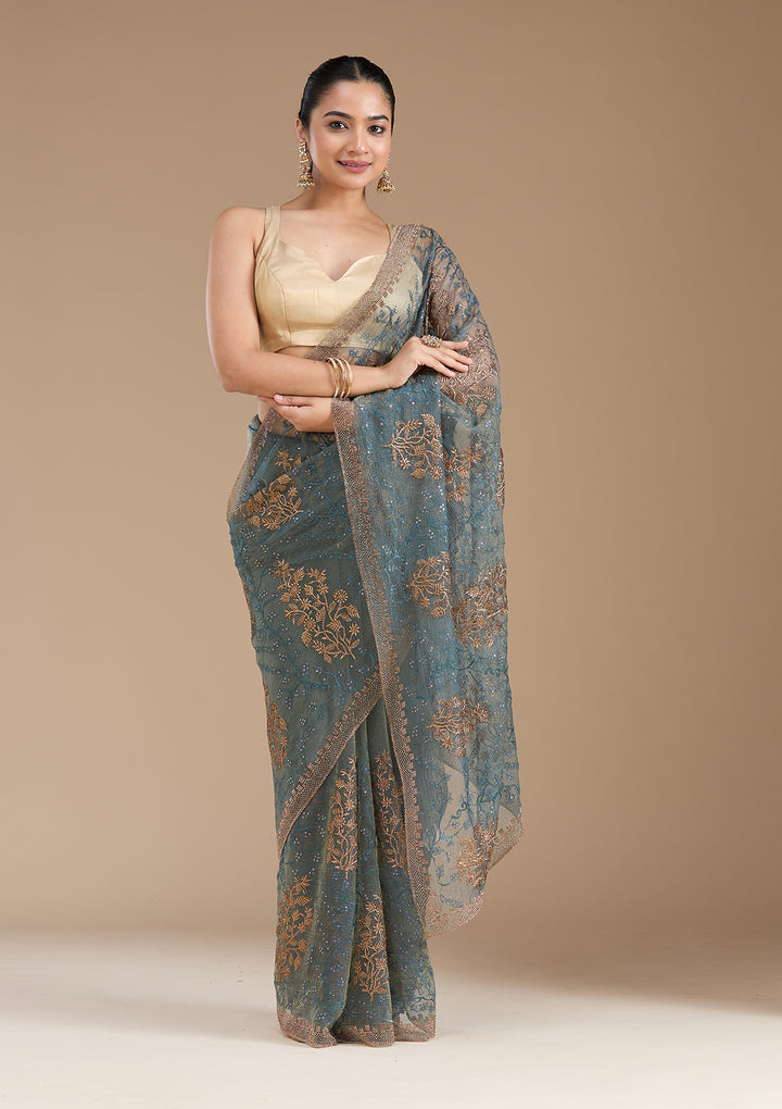 Navy Blue Tissue Antique Zariwork Saree With Matching Blouse Piece