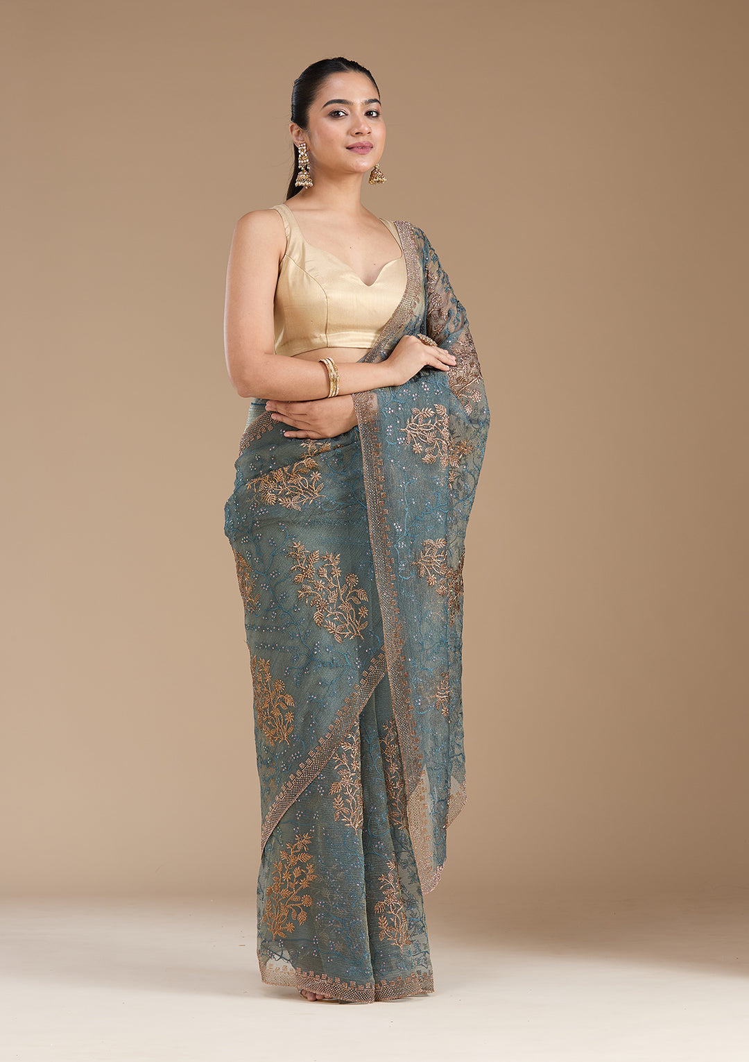 Navy Blue Tissue Antique Zariwork Saree With Matching Blouse Piece