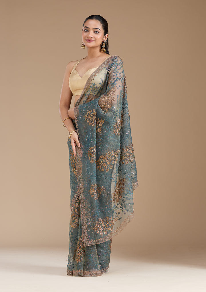 Navy Blue Tissue Antique Zariwork Saree With Matching Blouse Piece