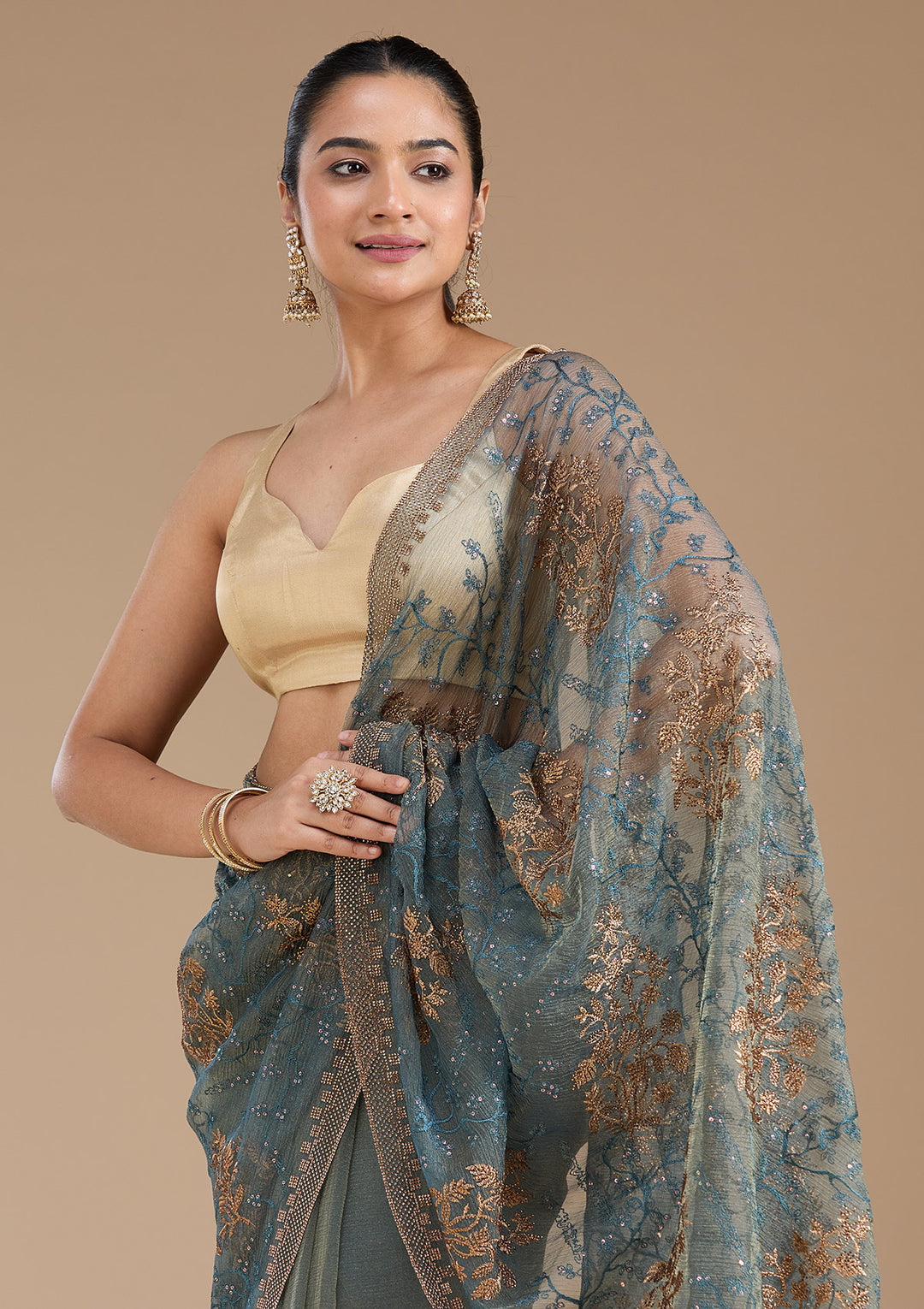 Navy Blue Tissue Antique Zariwork Saree With Matching Blouse Piece