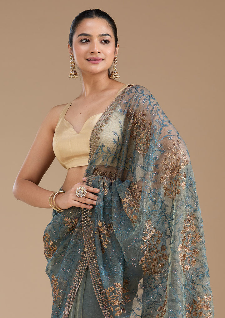 Navy Blue Tissue Antique Zariwork Saree With Matching Blouse Piece