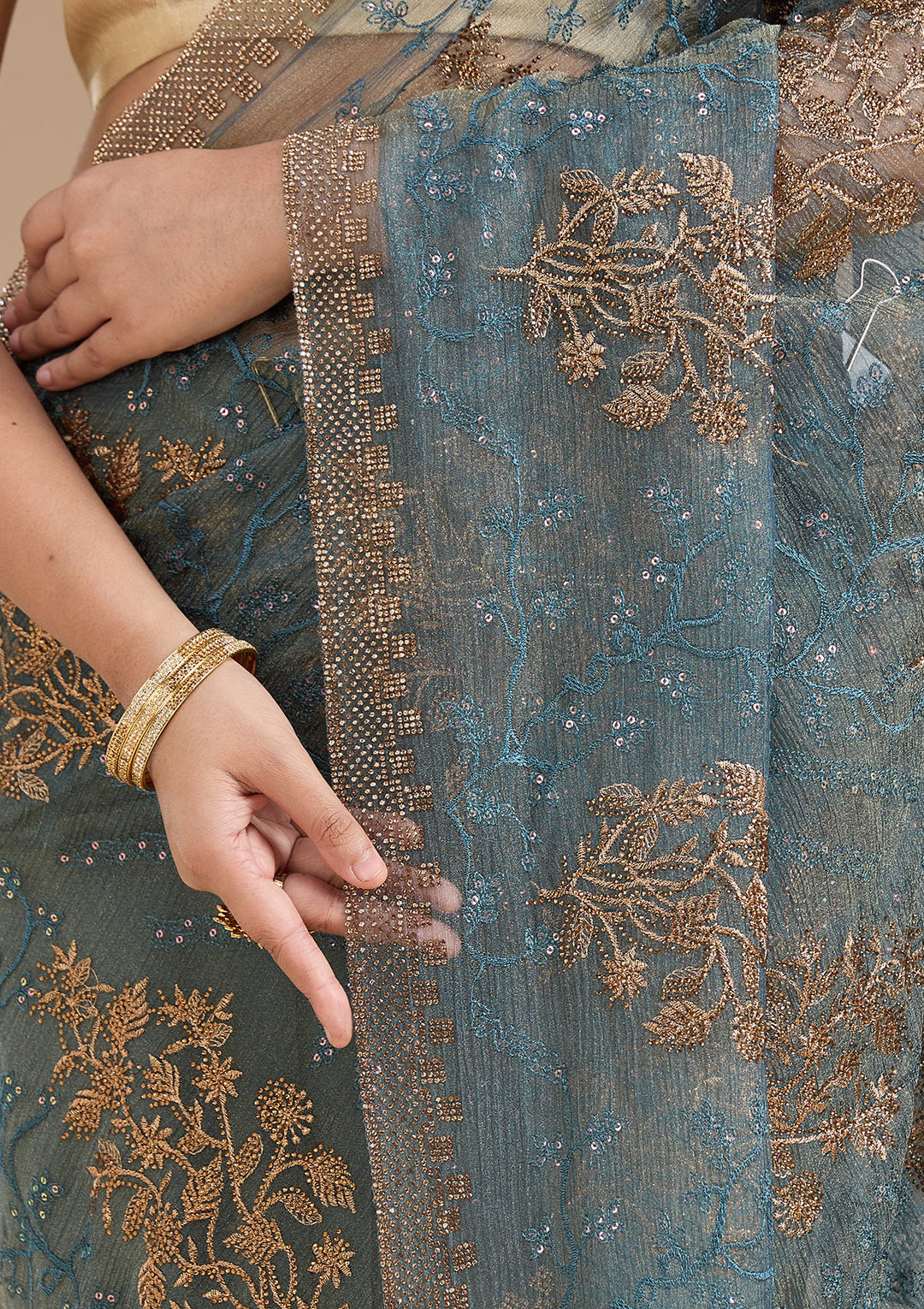 Navy Blue Tissue Antique Zariwork Saree With Matching Blouse Piece