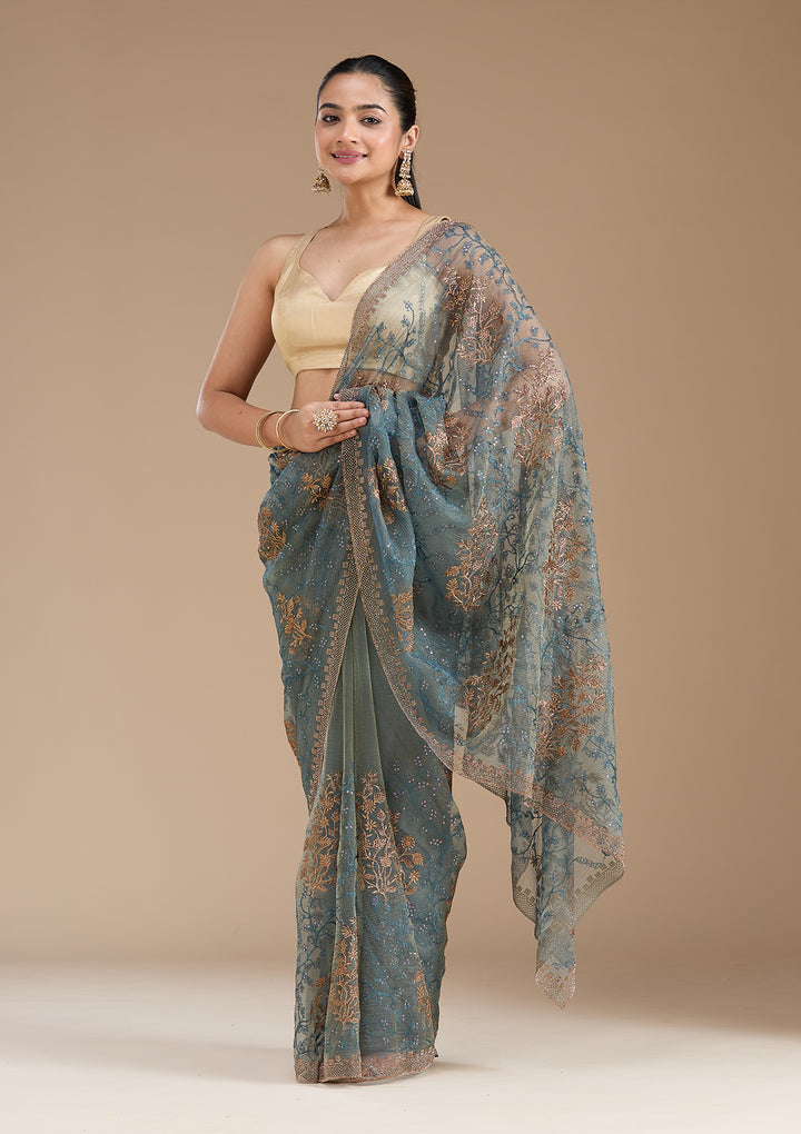 Navy Blue Tissue Antique Zariwork Saree With Matching Blouse Piece