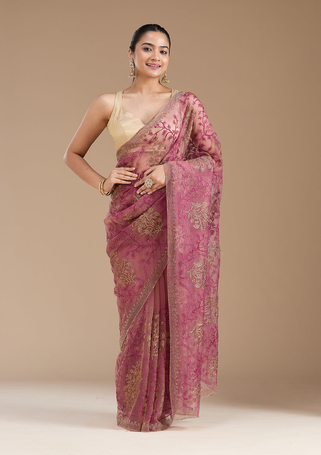 Wine Tissue Antique Zariwork Saree With Matching Blouse Piece