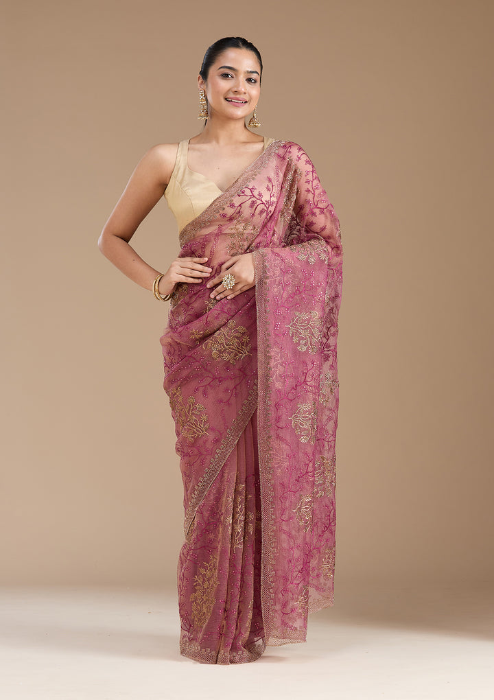 Wine Tissue Antique Zariwork Saree With Matching Blouse Piece