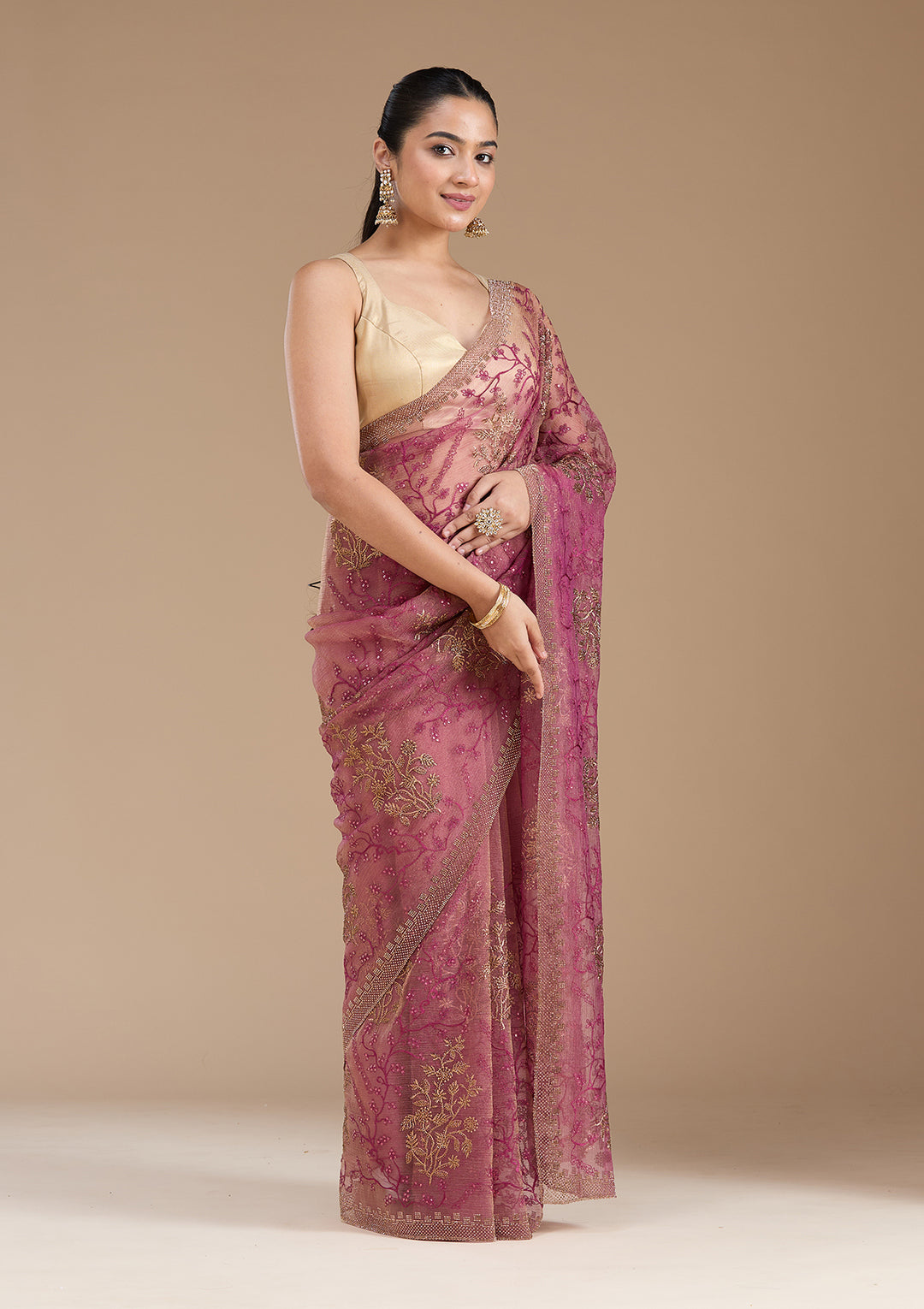 Wine Tissue Antique Zariwork Saree With Matching Blouse Piece