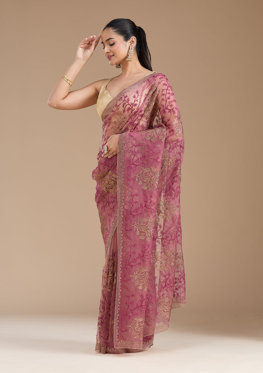 Wine Tissue Antique Zariwork Saree With Matching Blouse Piece