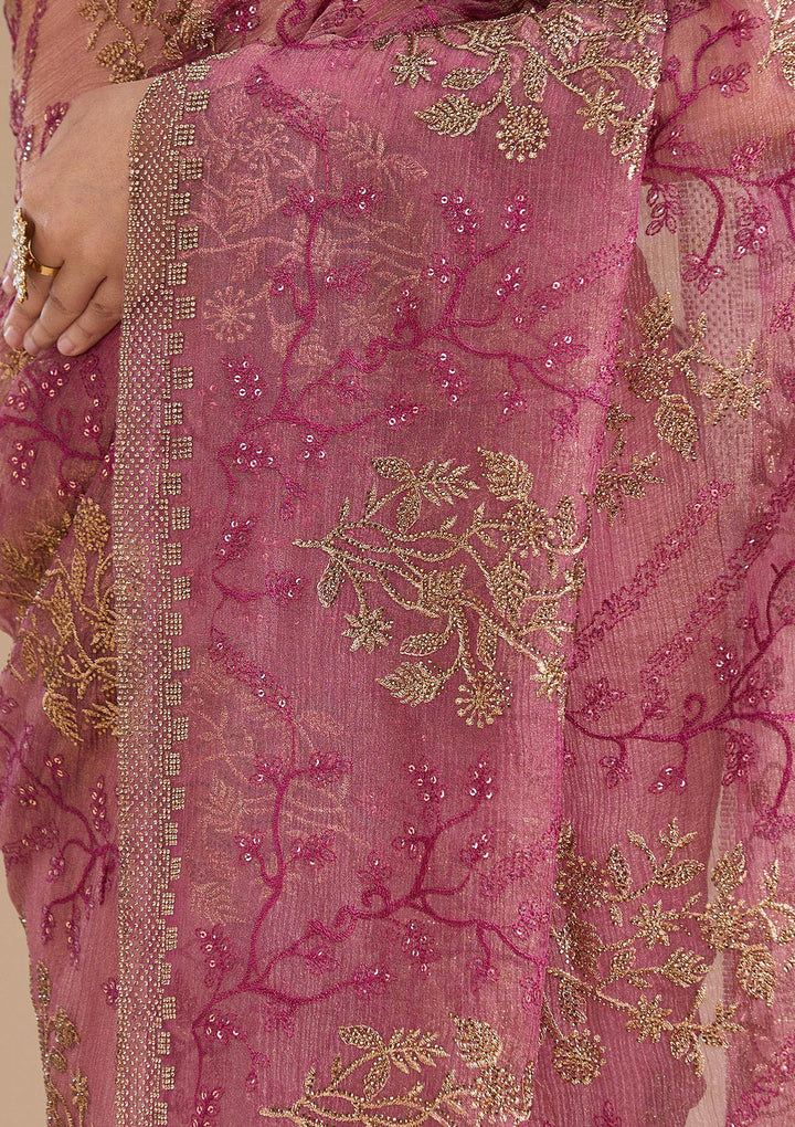 Wine Tissue Antique Zariwork Saree With Matching Blouse Piece