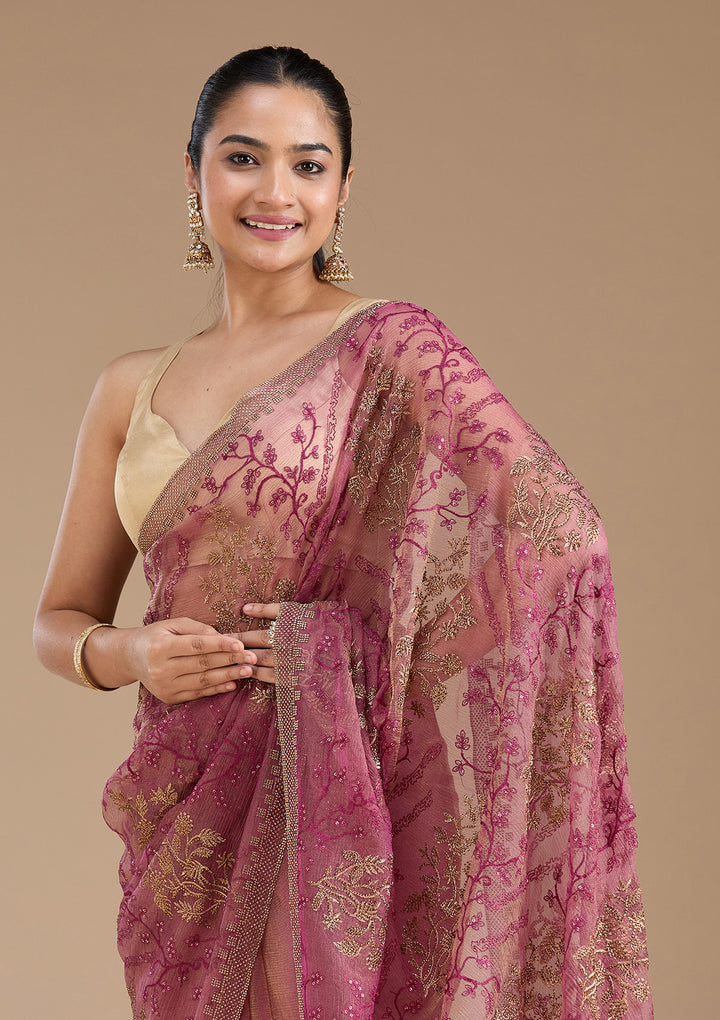 Wine Tissue Antique Zariwork Saree With Matching Blouse Piece