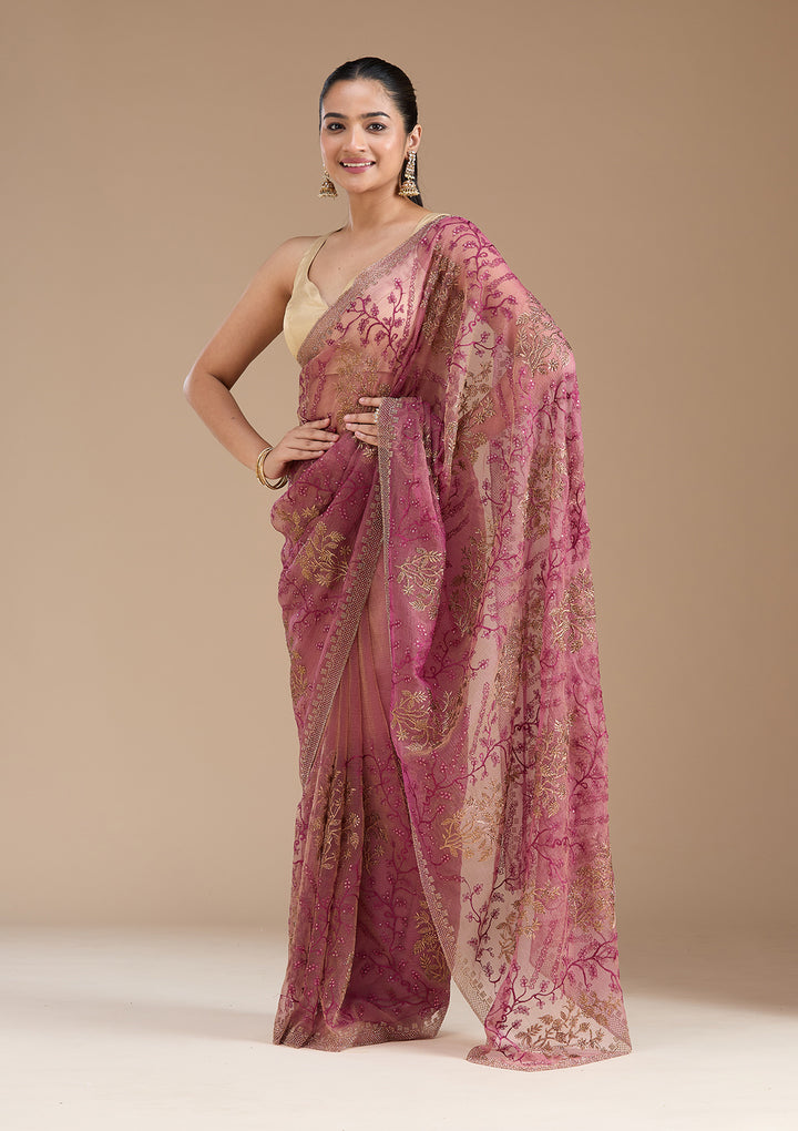Wine Tissue Antique Zariwork Saree With Matching Blouse Piece