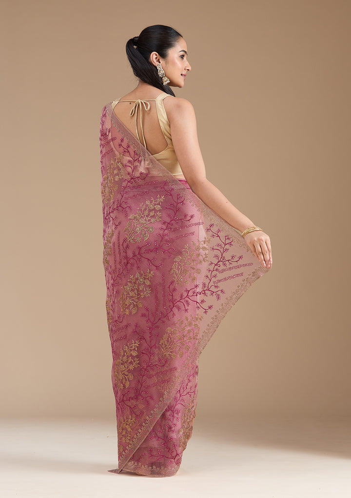 Wine Tissue Antique Zariwork Saree With Matching Blouse Piece