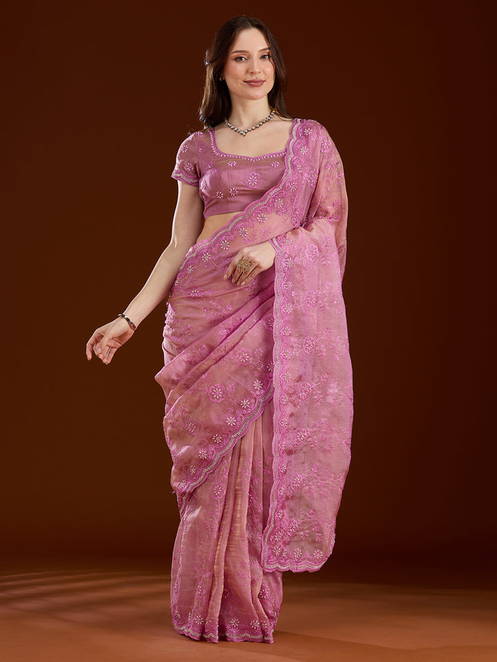Pink Tissue Threadwork Saree With Matching Blouse Piece