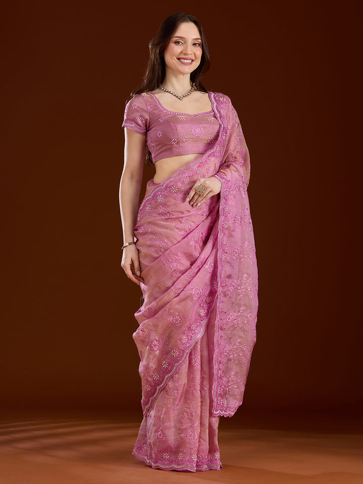Pink Tissue Threadwork Saree With Matching Blouse Piece
