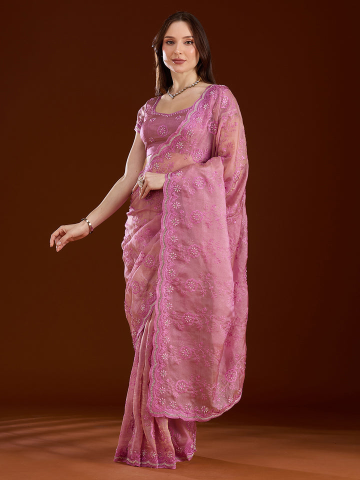 Pink Tissue Threadwork Saree With Matching Blouse Piece