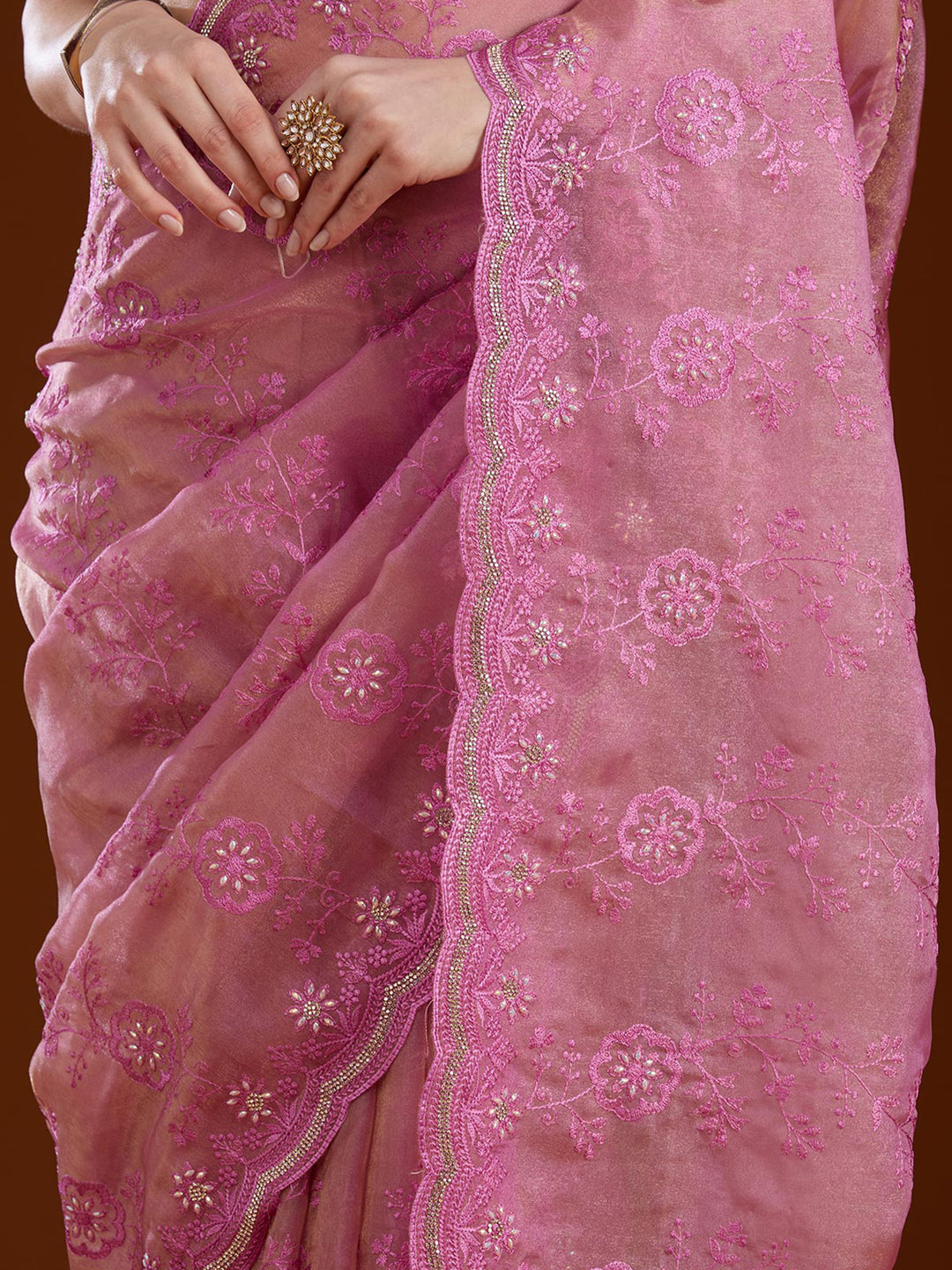 Pink Tissue Threadwork Saree With Matching Blouse Piece