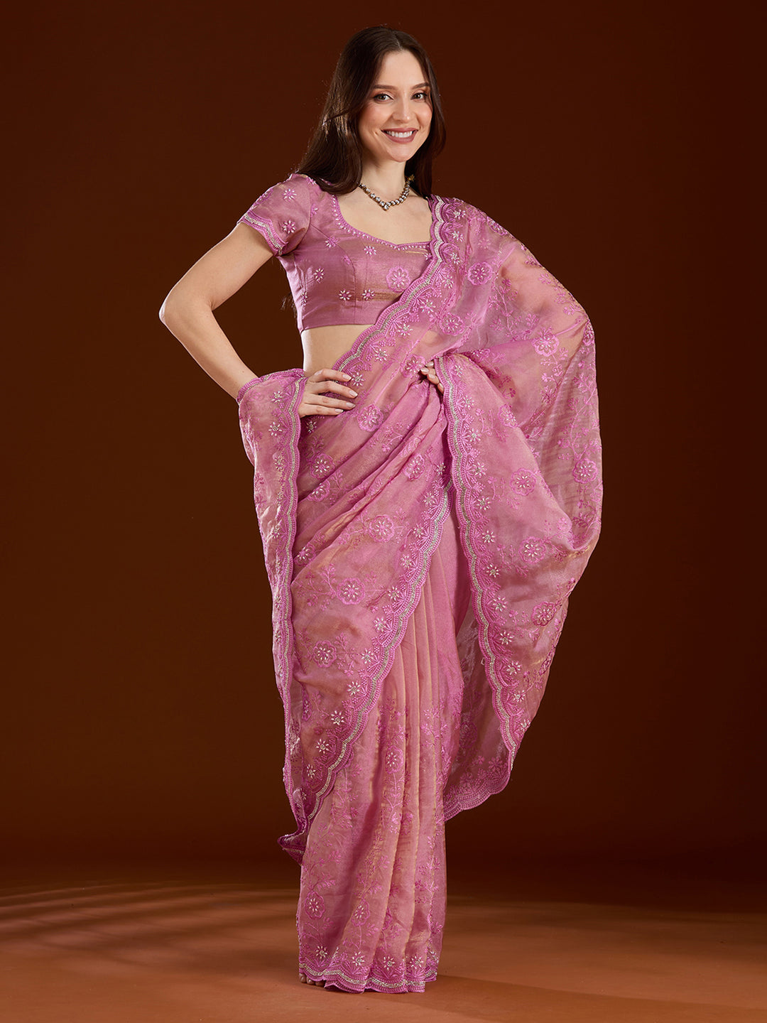 Pink Tissue Threadwork Saree With Matching Blouse Piece