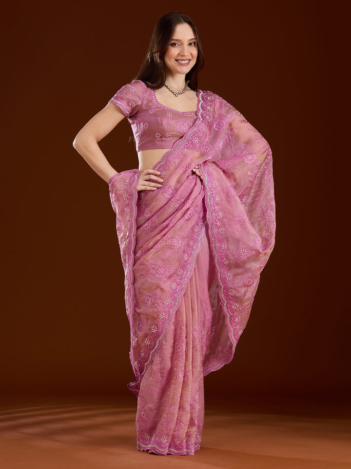 Pink Tissue Threadwork Saree With Matching Blouse Piece