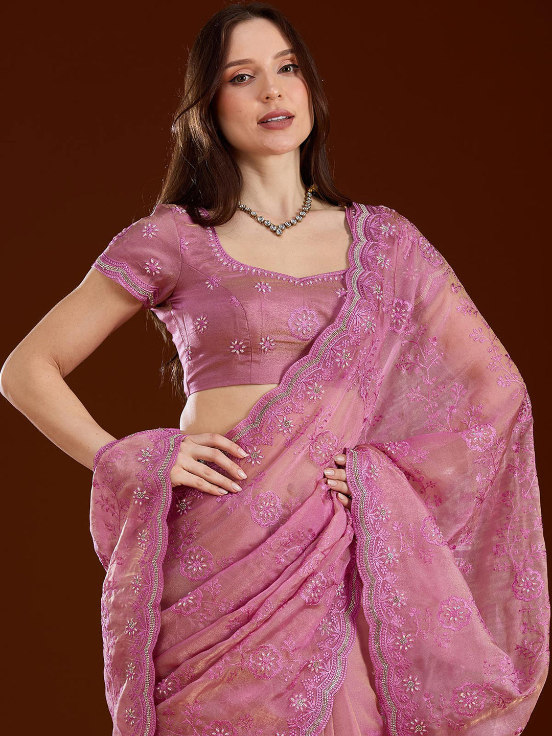Pink Tissue Threadwork Saree With Matching Blouse Piece