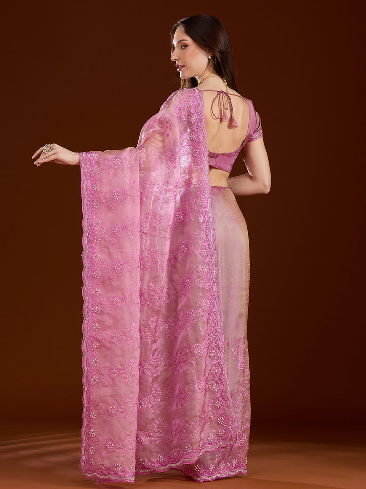 Pink Tissue Threadwork Saree With Matching Blouse Piece