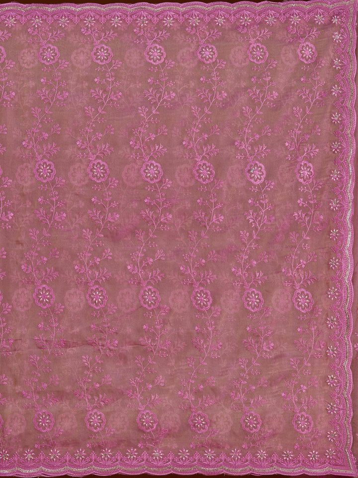 Pink Tissue Threadwork Saree With Matching Blouse Piece