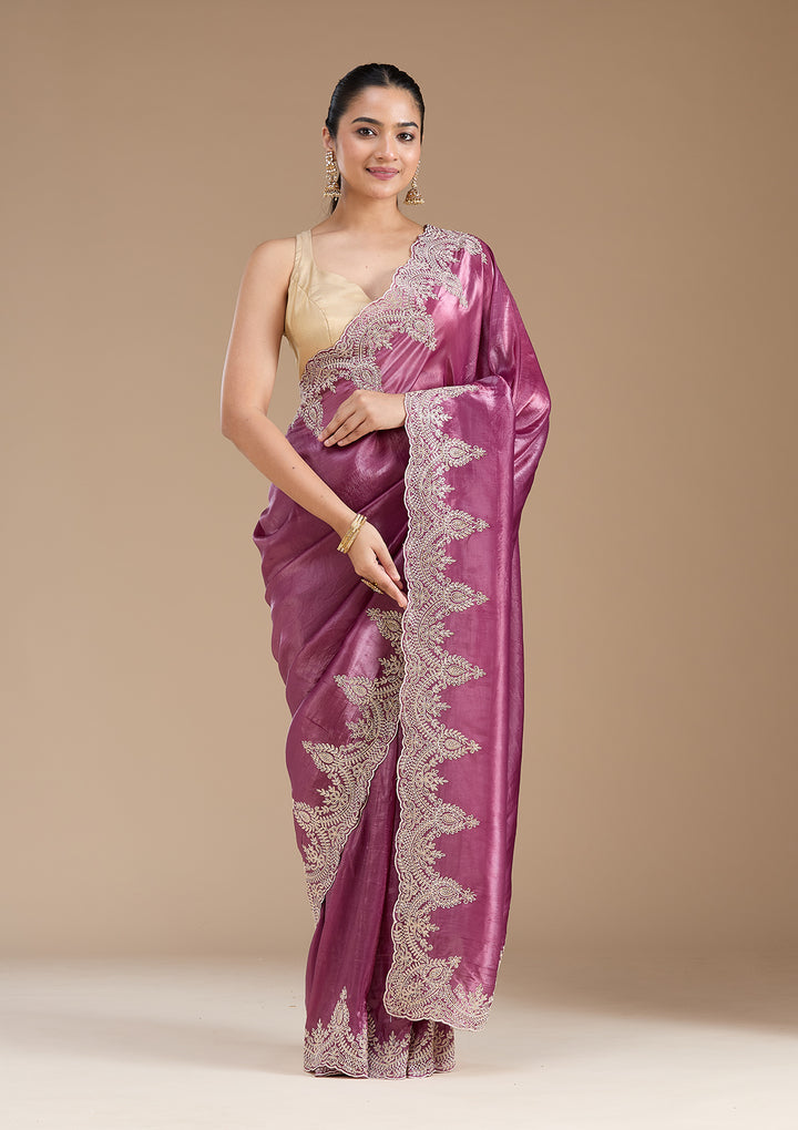 Mauve Organza Threadwork Saree With Matching Blouse Piece