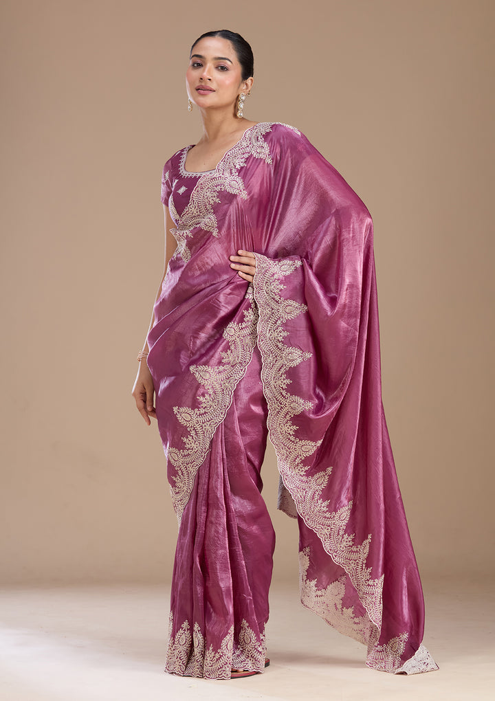 Mauve Organza Threadwork Saree With Matching Blouse Piece