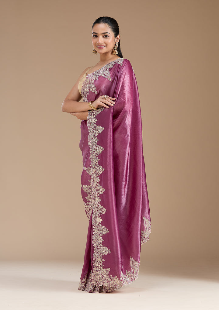 Mauve Organza Threadwork Saree With Matching Blouse Piece