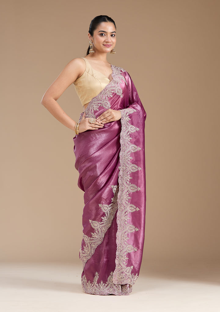 Mauve Organza Threadwork Saree With Matching Blouse Piece