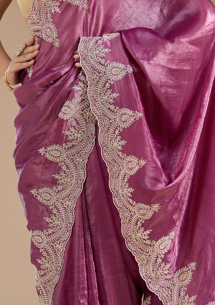 Mauve Organza Threadwork Saree With Matching Blouse Piece