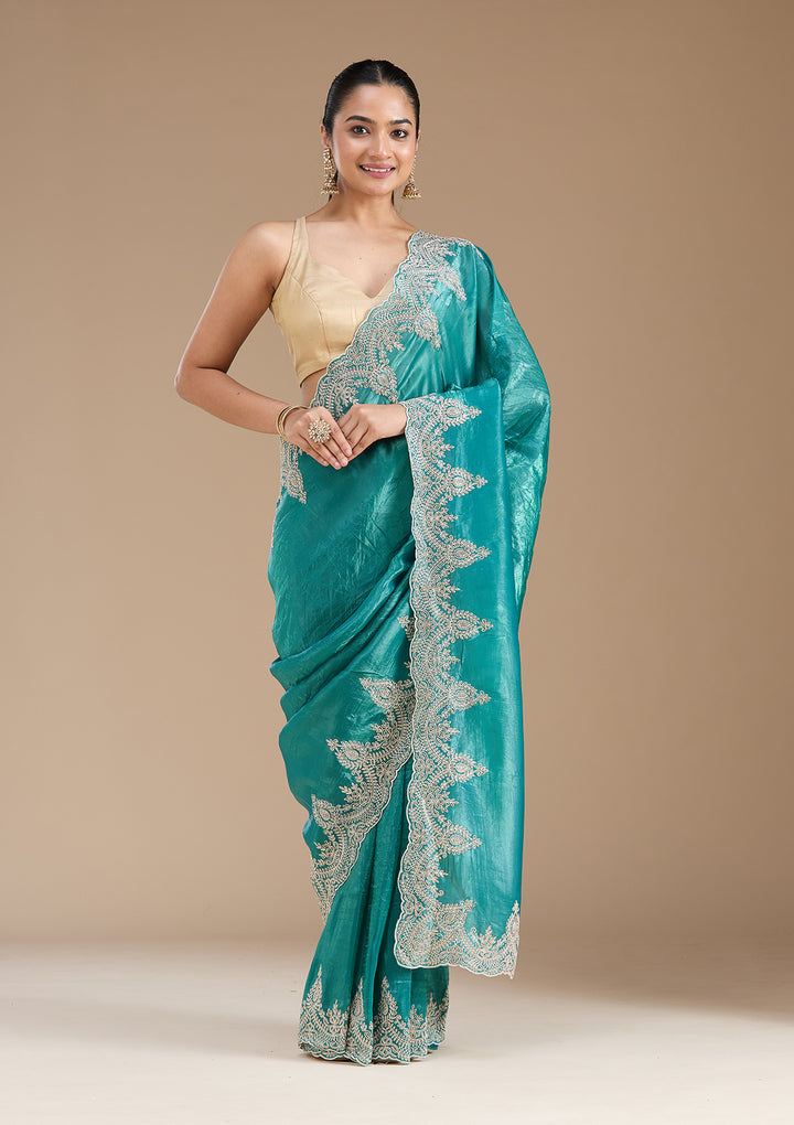 Rama Green Organza Threadwork Saree With Matching Blouse Piece