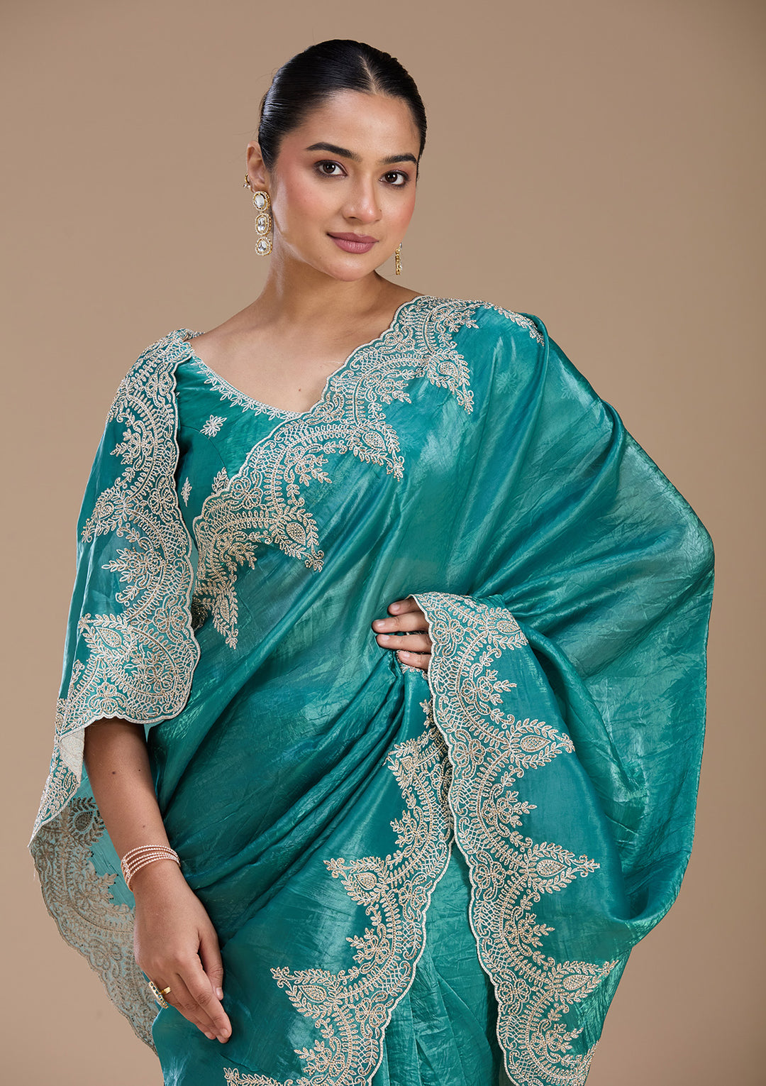 Rama Green Organza Threadwork Saree With Matching Blouse Piece