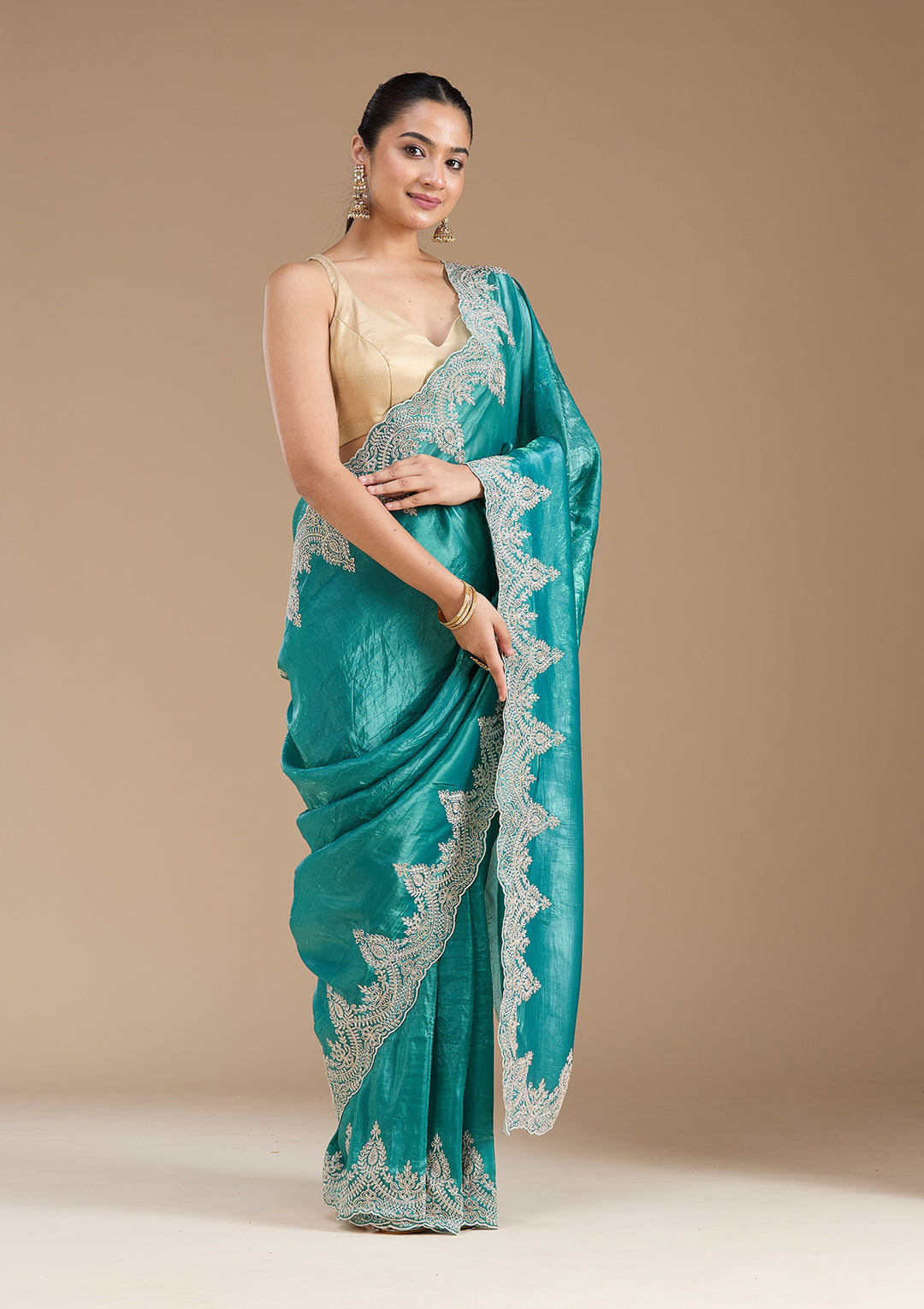 Rama Green Organza Threadwork Saree With Matching Blouse Piece