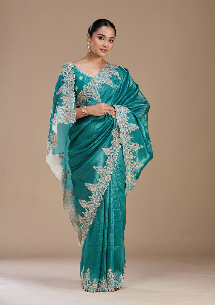 Rama Green Organza Threadwork Saree With Matching Blouse Piece