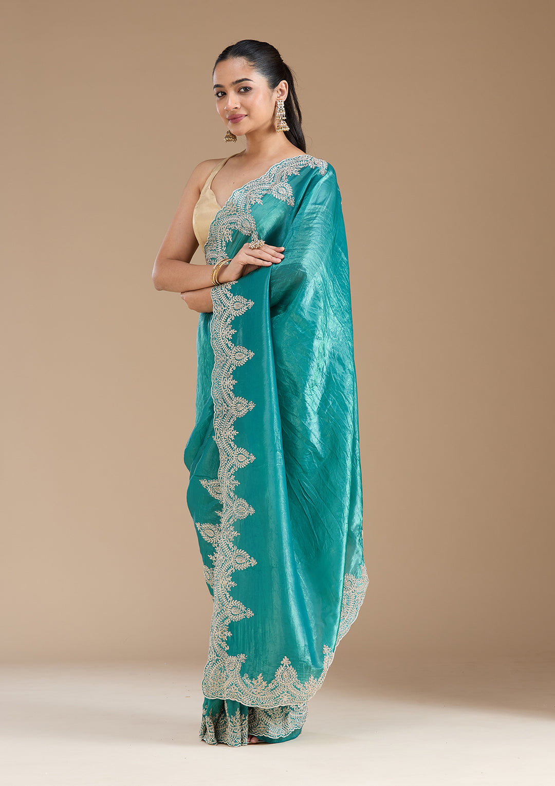 Rama Green Organza Threadwork Saree With Matching Blouse Piece