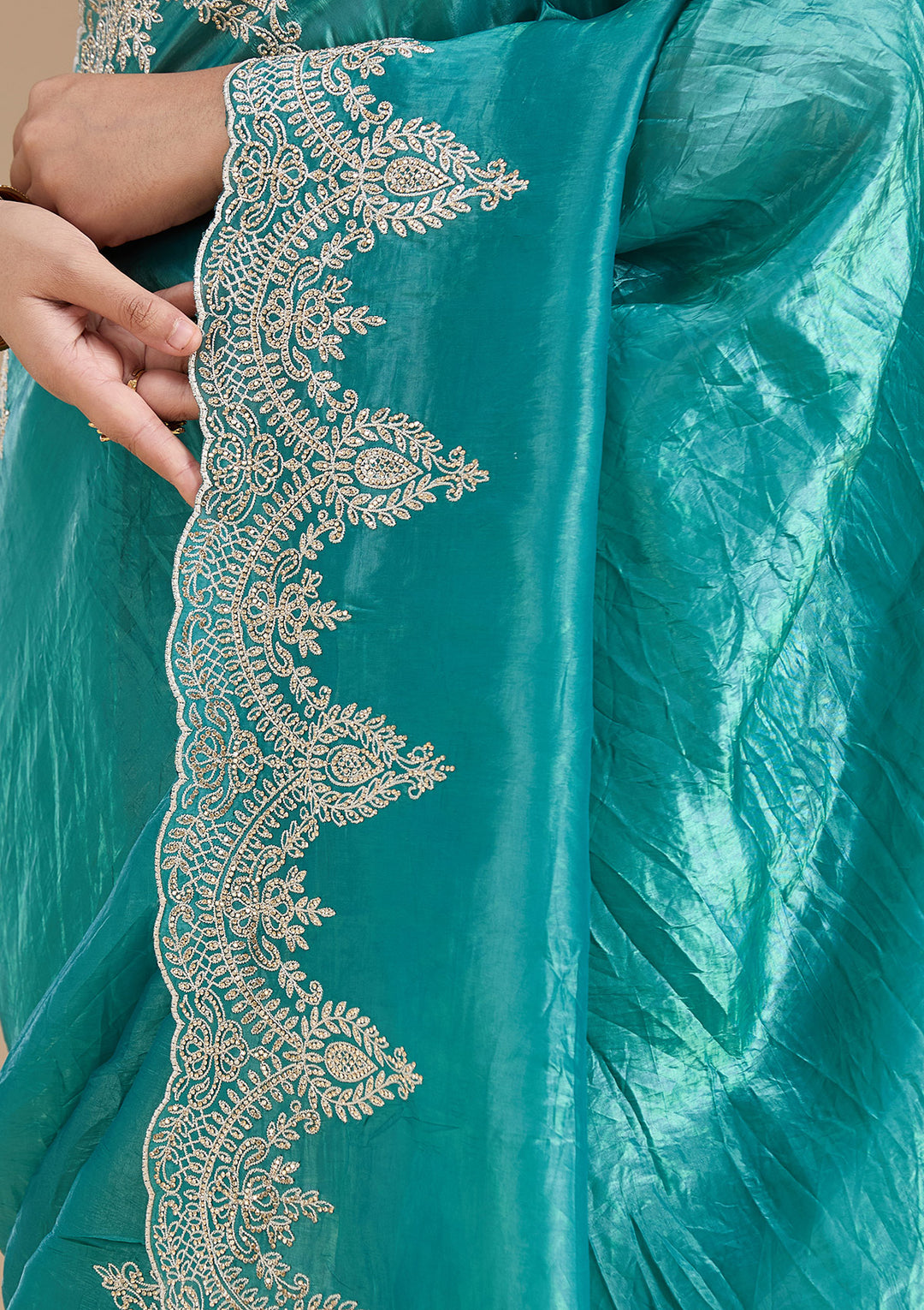 Rama Green Organza Threadwork Saree With Matching Blouse Piece