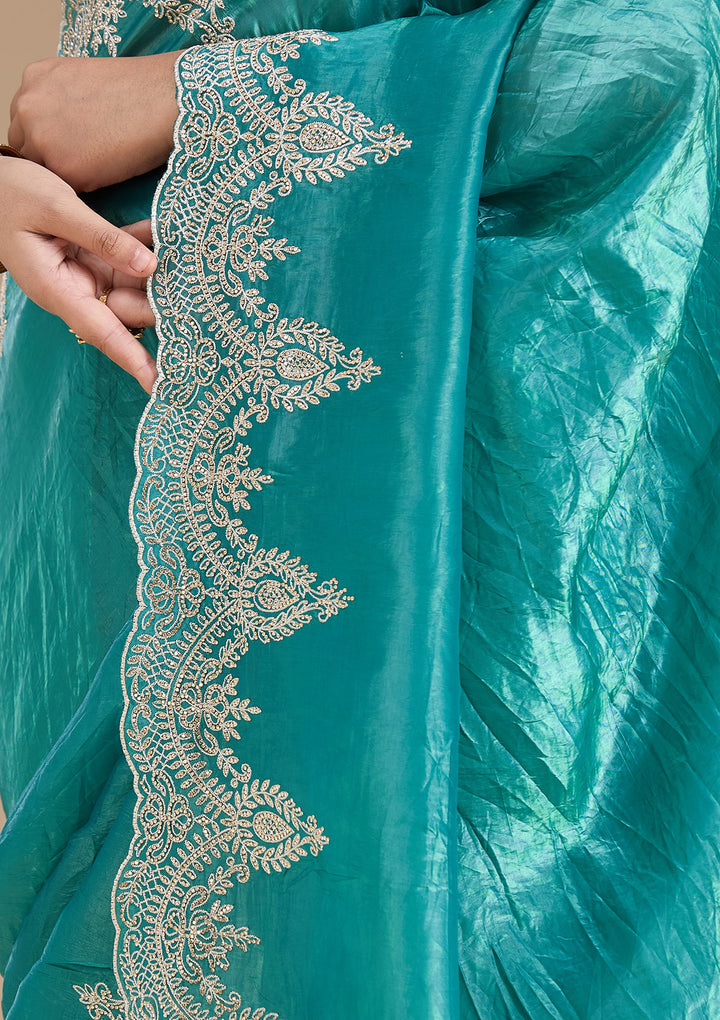 Rama Green Organza Threadwork Saree With Matching Blouse Piece