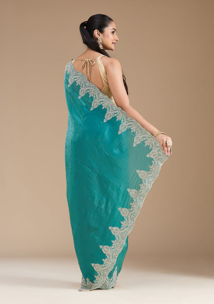 Rama Green Organza Threadwork Saree With Matching Blouse Piece