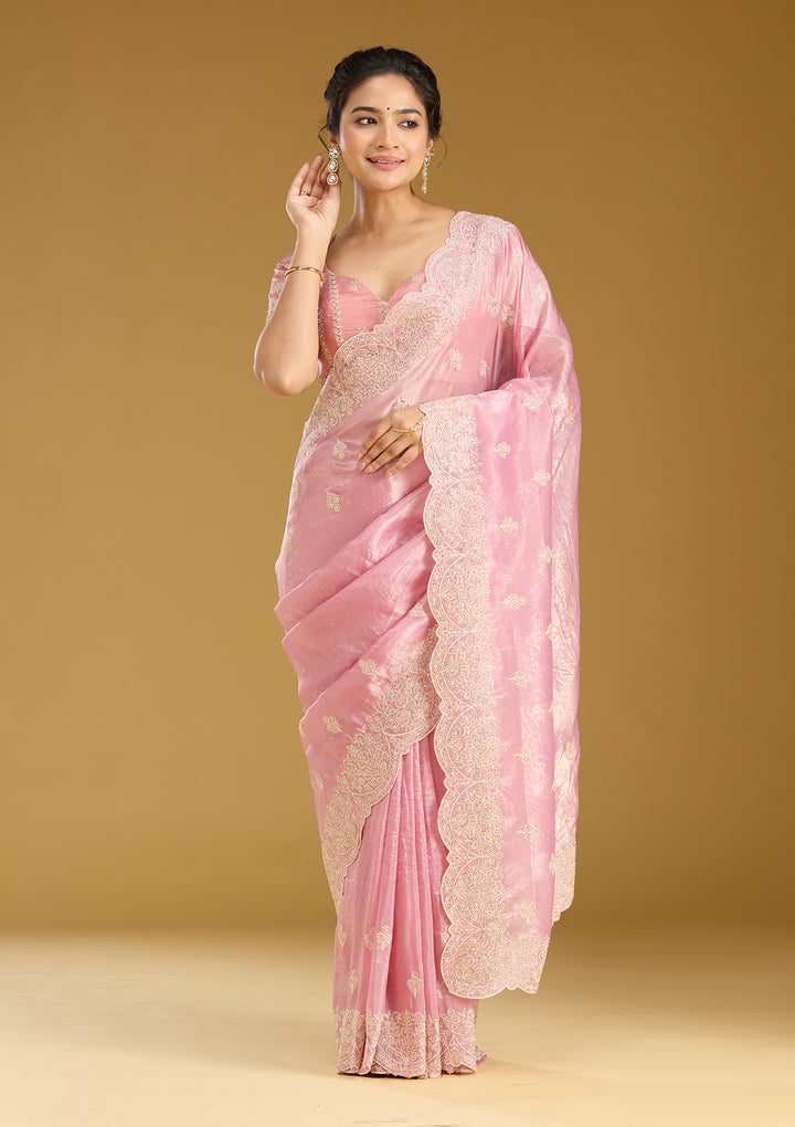 Onion Pink Organza Threadwork Saree With Matching Blouse Piece
