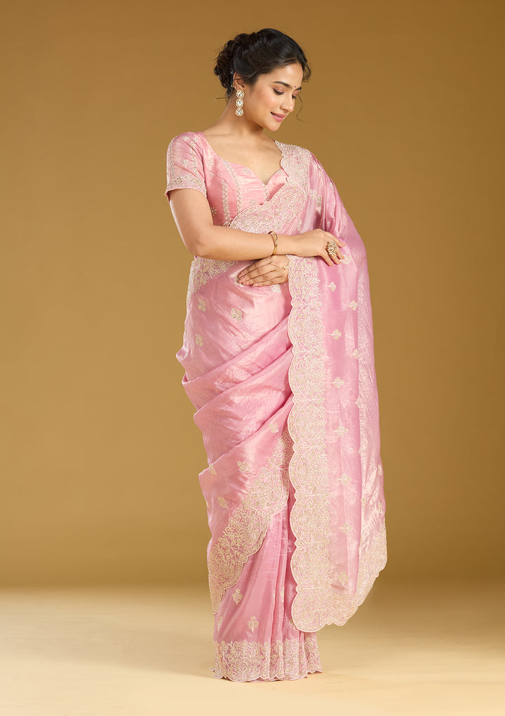 Onion Pink Organza Threadwork Saree With Matching Blouse Piece