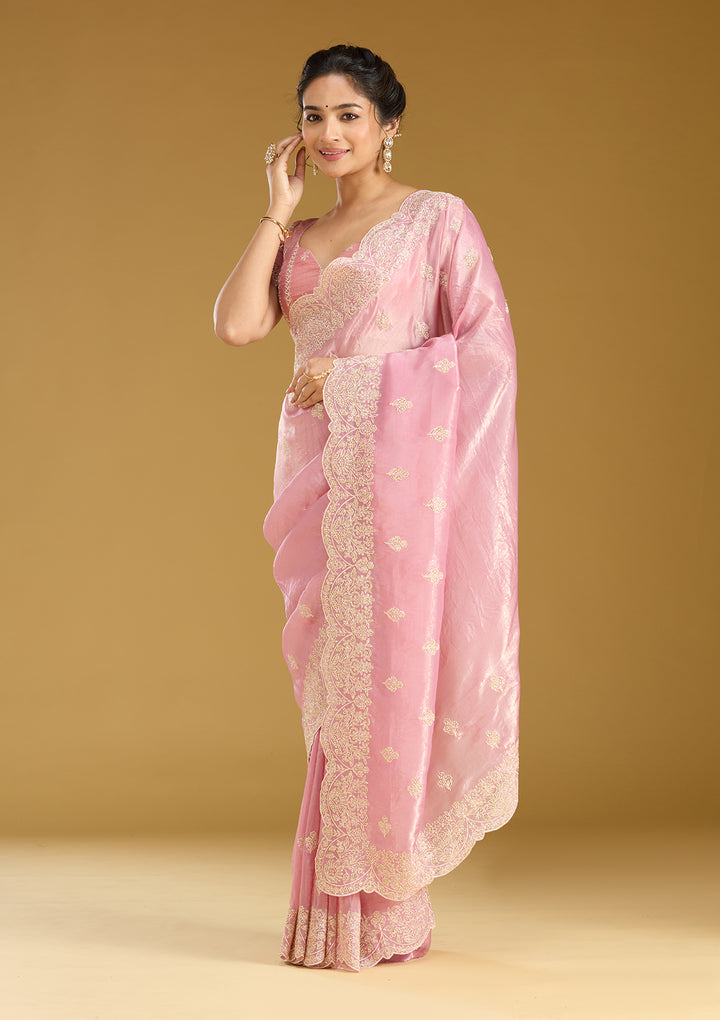 Onion Pink Organza Threadwork Saree With Matching Blouse Piece