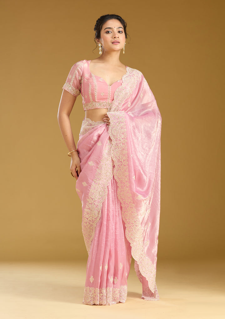 Onion Pink Organza Threadwork Saree With Matching Blouse Piece