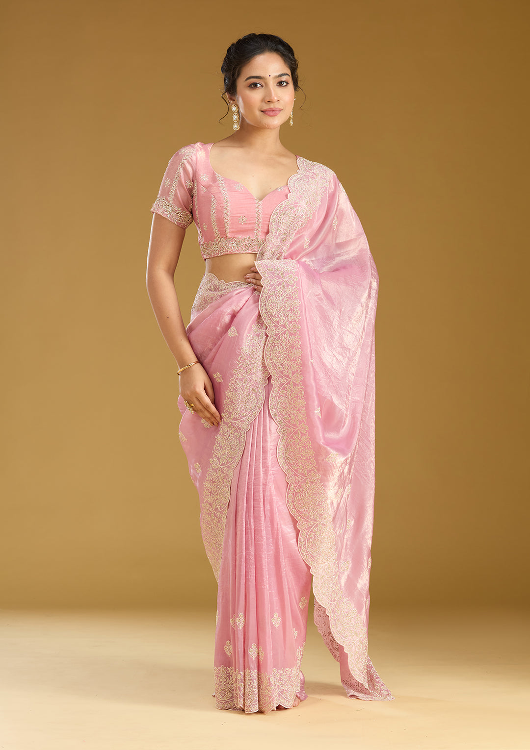 Onion Pink Organza Threadwork Saree With Matching Blouse Piece