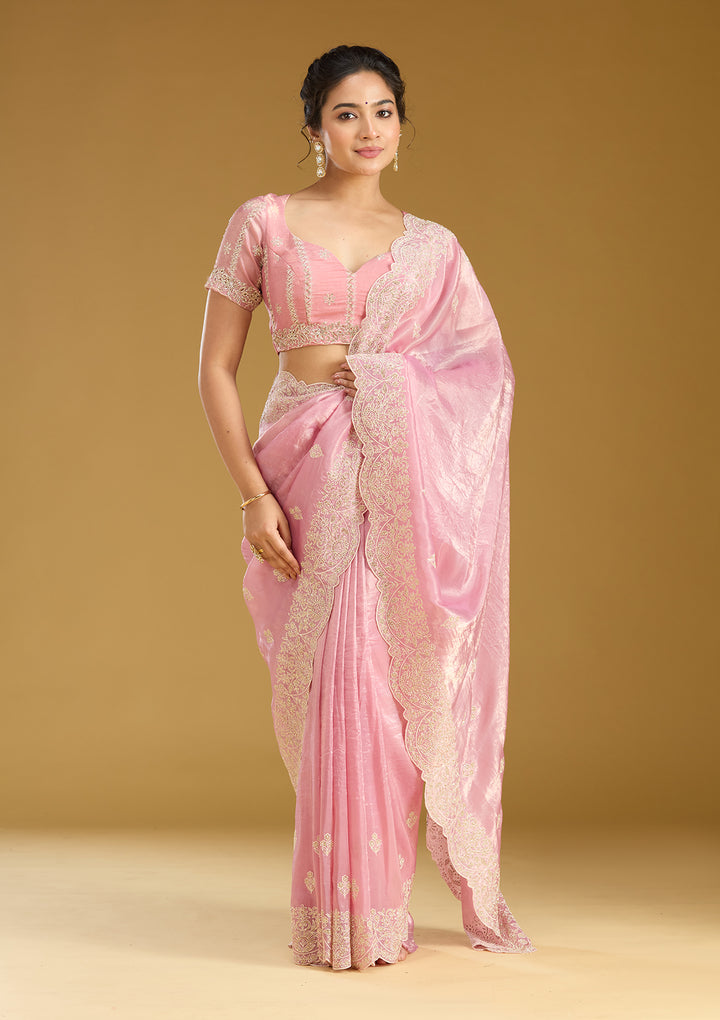 Onion Pink Organza Threadwork Saree With Matching Blouse Piece