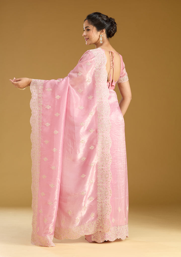 Onion Pink Organza Threadwork Saree With Matching Blouse Piece