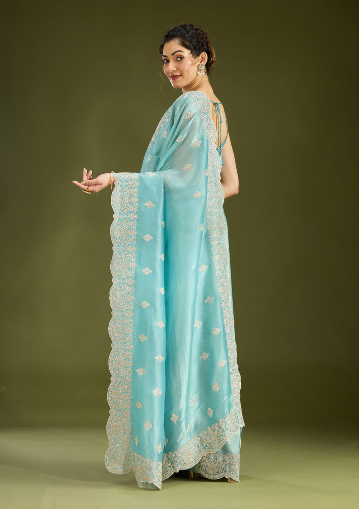 Sky Blue Threadwork Organza Saree