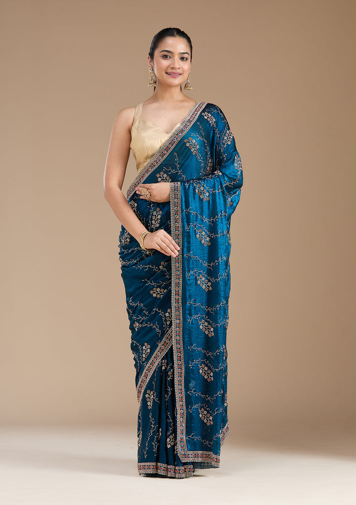 Royal Blue Tissue Gold Stonework Saree With Matching Blouse Piece