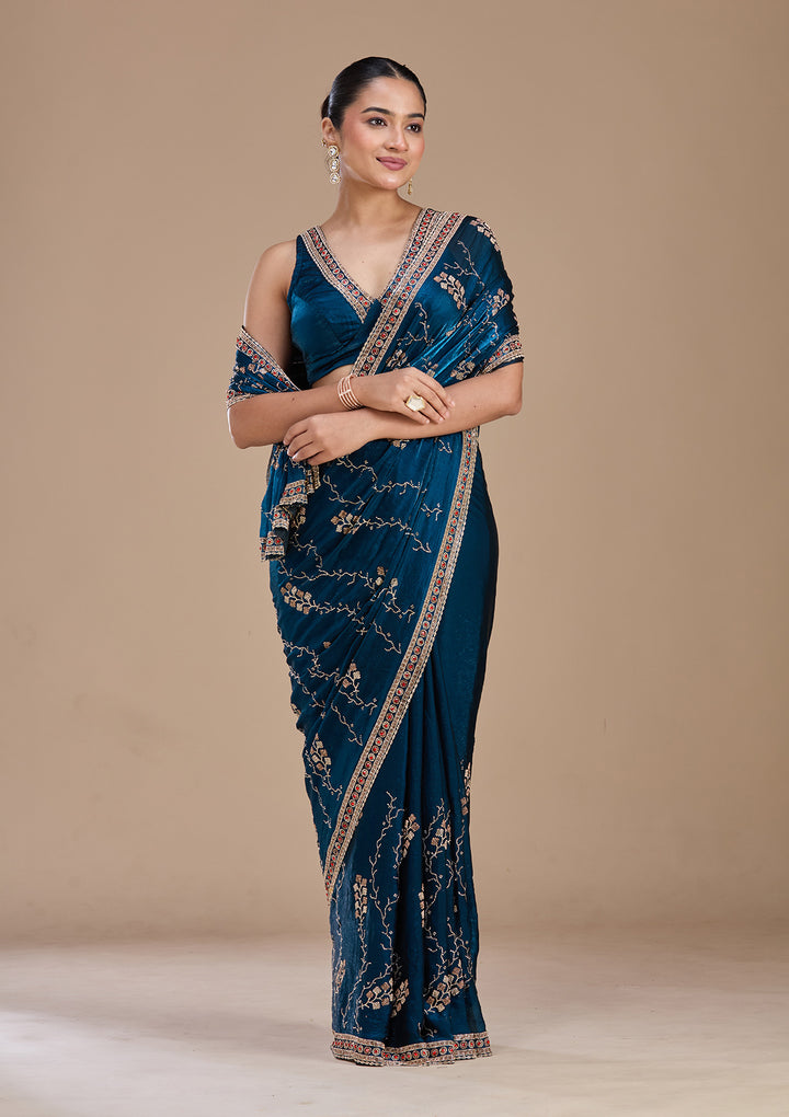 Royal Blue Tissue Gold Stonework Saree With Matching Blouse Piece